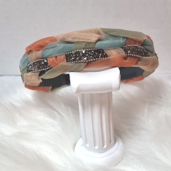 FALL COLORS BRAIDED MESH GLASS BEADED JEWELED HEADBAND - Picture 3 of 8
